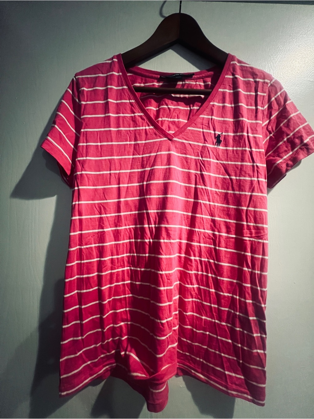 Ralph Lauren Sport Coral Pink Striped Tee/ Large